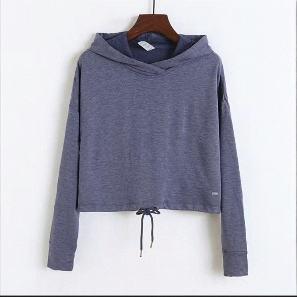 Marika Elle Gray Long Sleeve Crop Tie Front Hoodie Cinch Crop Swearshirt L